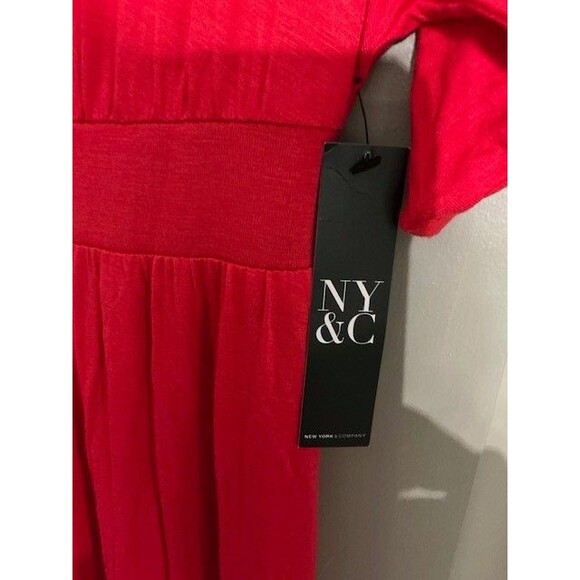 New York & Company Red Maxi Dress Elastic Waist Tie Closure Pockets Sz M slit - Picture 6 of 6